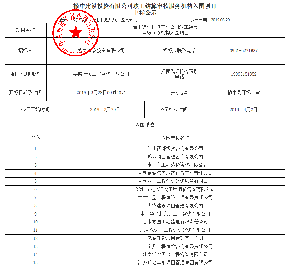 榆中建設(shè)投資有限公司竣工結(jié)算審核服務(wù)機(jī)構(gòu)入圍項(xiàng)目